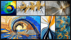 Mosaico de seis cuadros, entre ellos Espiral de colores arcoíris y Túnel temporal dorado