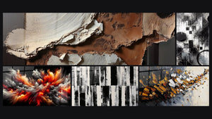 Mosaico de cinco cuadros, entre ellos Texturas abstractas tierra y blanco roto y Tormenta Solar Abisal