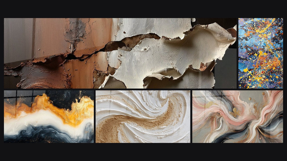 Mosaic of five paintings, including Eternal Golden Tide, Silk Flows and Colorful explosion