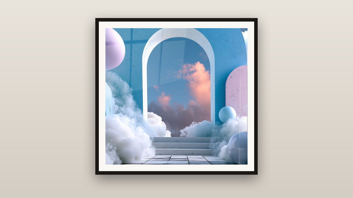 Framed painting on a wall: Blue and Pink Arch on Clouds