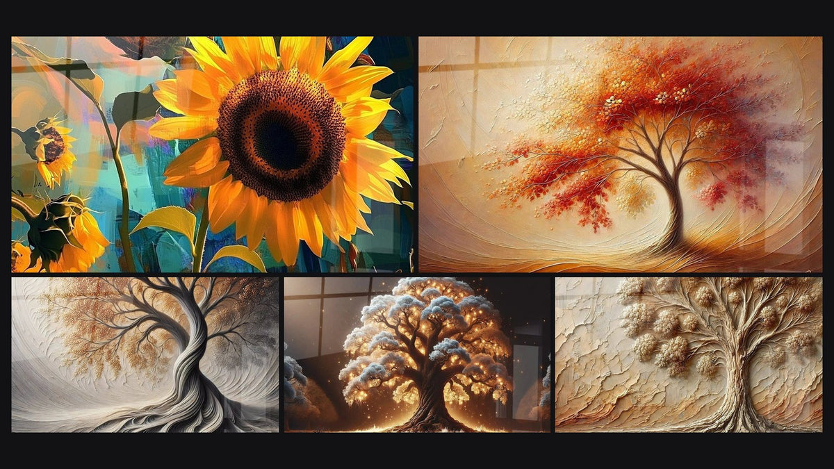 Mosaico di cinque quadri, tra cui Girasole N°1, Respiro della Terra e Danza delle Stagioni