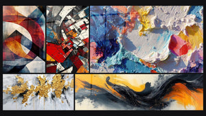 Mosaic of five paintings, including Circular geometric shapes, Architectural Revolution Modern and Contrasted Symphony Black