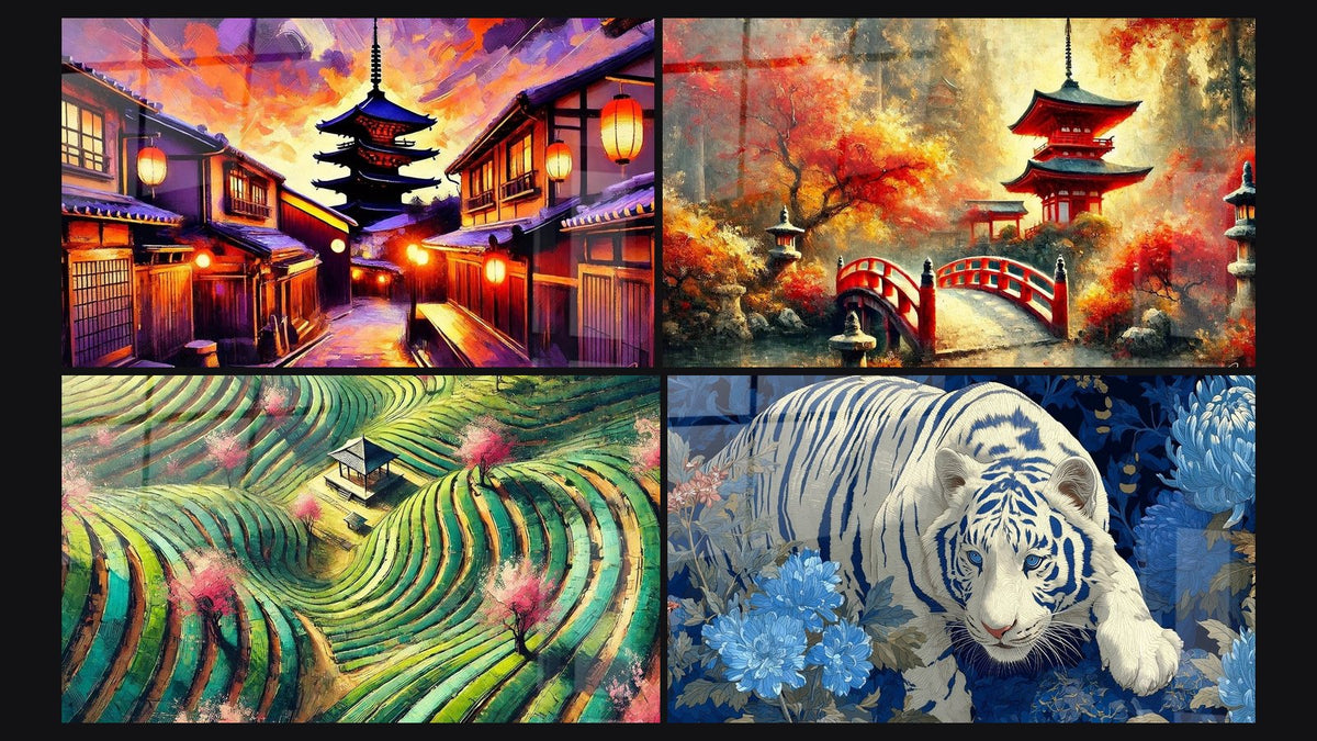 Mozaika czterech obrazów, w tym Japoński Zen N°1, Krajobraz Japoński Nr 1 i Z Japonii N°6