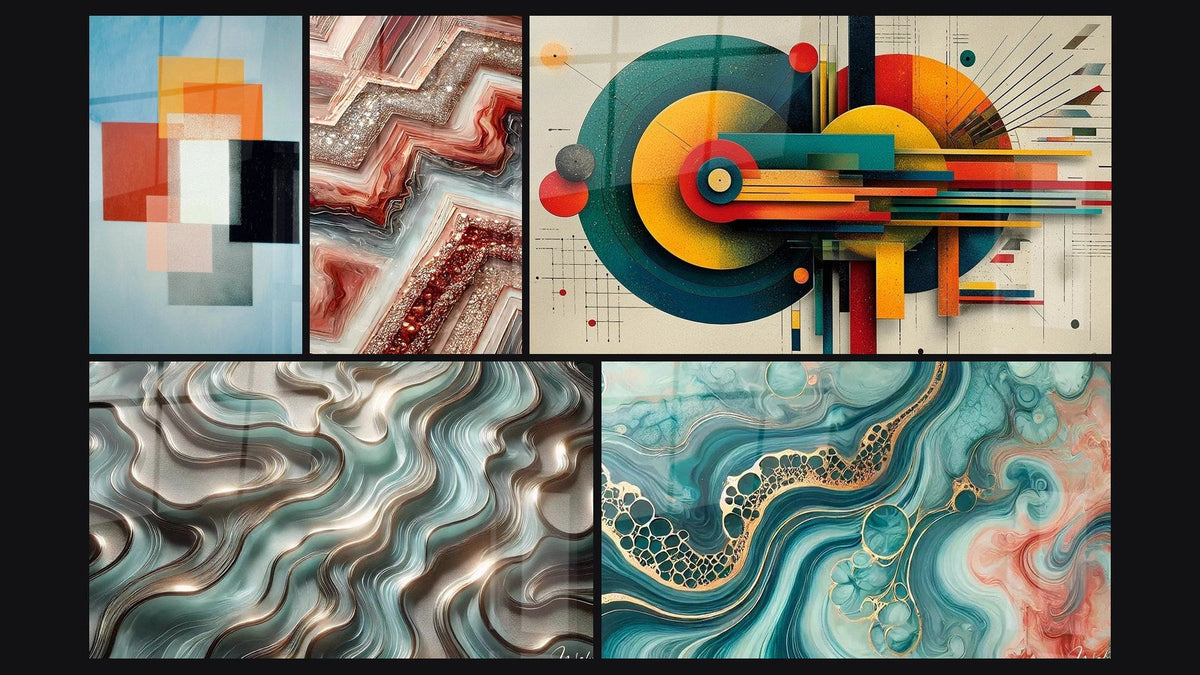 Mosaico di cinque quadri, tra cui Forme Geometriche Contrasto Funzionale, Curve Eterei e Fusione Geometrica