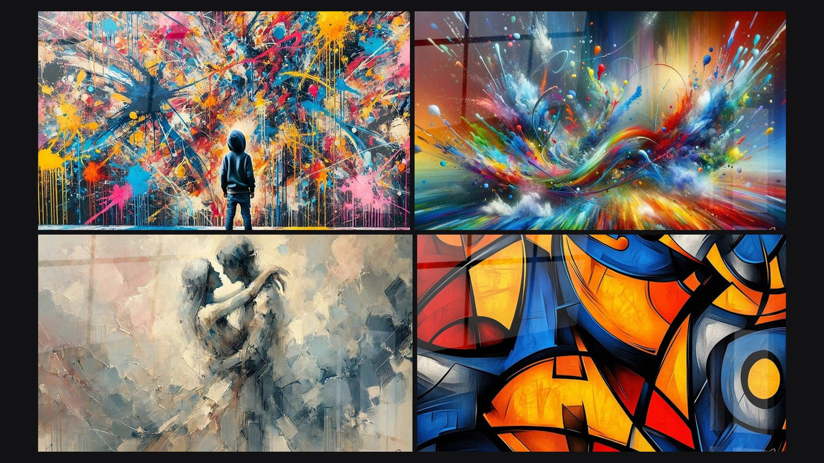 Mosaico di quattro quadri, tra cui Schizzi di Pittura, Tra Noi e Big Bang Artistico Brillante