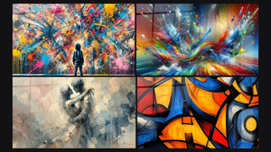 Mosaico de cuatro cuadros, entre ellos Explosiones, Entre Nosotros y Abstracto Big Bang Explosivo