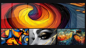Mosaico de cuatro cuadros, entre ellos Espiral torbellino fuego y agua, Formas geométricas coloridas y Ojo Lágrima de Oro