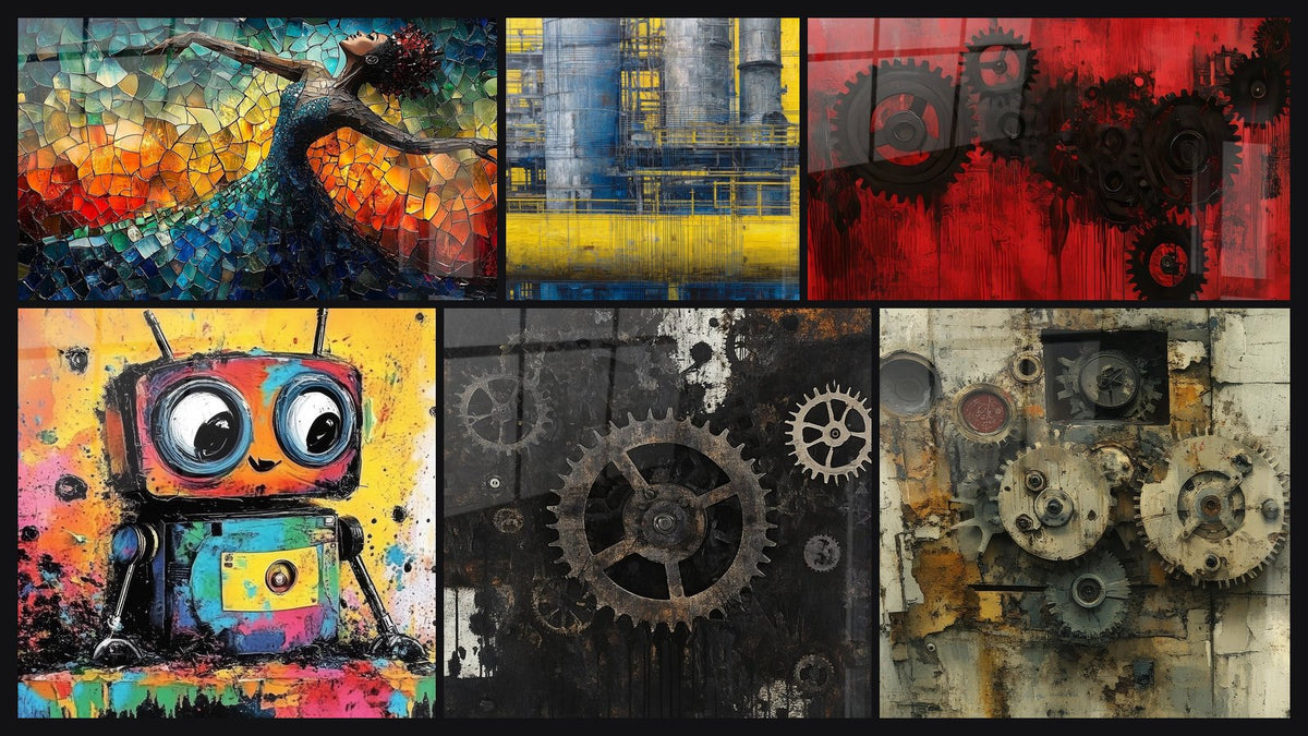 Mosaic of six paintings, including Dance Fire Liberation Red, Colorful Robot and Industrial Gears