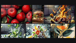 Mosaico de seis cuadros, entre ellos Manzana N°1, Hamburguesa N°1 y Frescura Dinámica