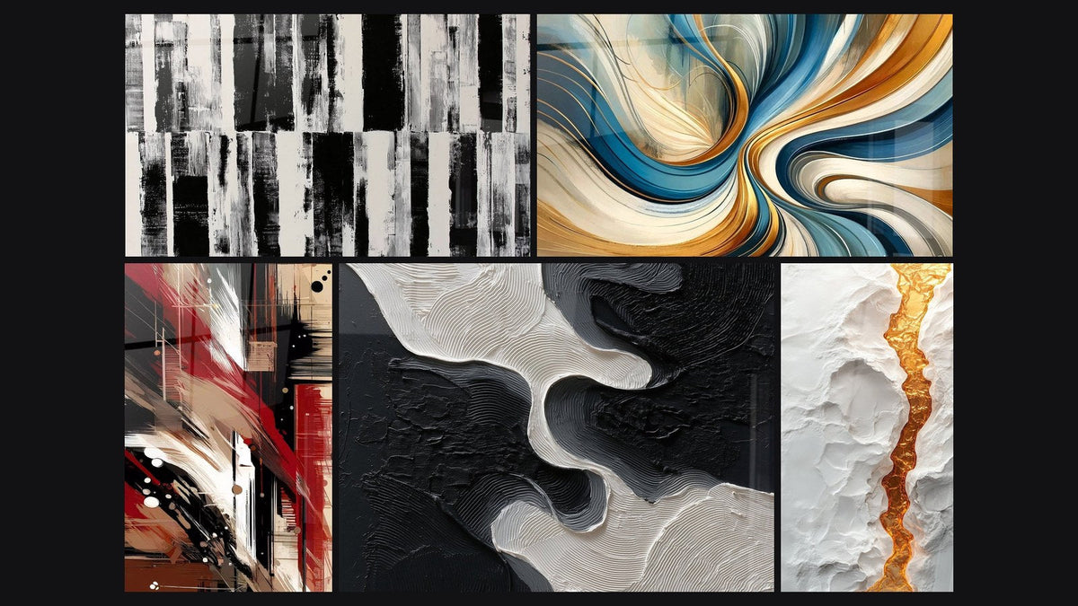 Mosaïque de cinq tableaux, dont Spirales Élégantes, Désordre Structuré et Faille dorée serpentine sur relief blanc