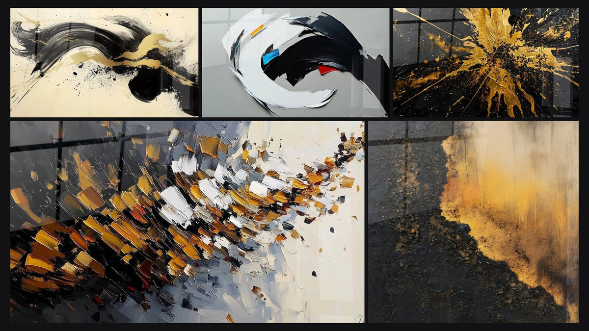 Mosaico di cinque quadri, tra cui Slancio Appassionato Nero, Esplosione dinamica di e Astratta dinamica