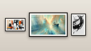 Pared de galería con tres cuadros enmarcados: La Fractura del Tiempo, En El Corazón de la Brisa y Mecánica de Colores