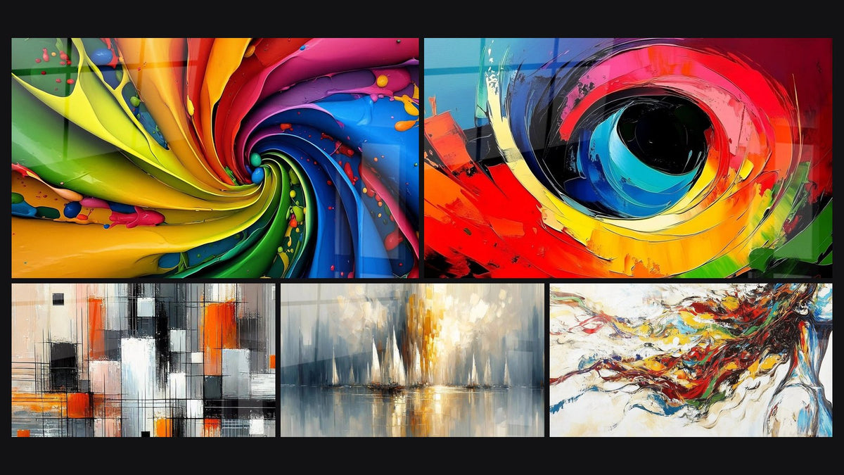 Mosaic of five paintings, including Multicolor swirl, Colorful eye abstract and Mechanics of Colors