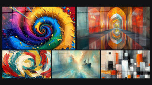 Mosaico de cinco cuadros, entre ellos Espiral multicolor, Arcos Brillantes Color Bermellón y Metamorfosis Cósmica