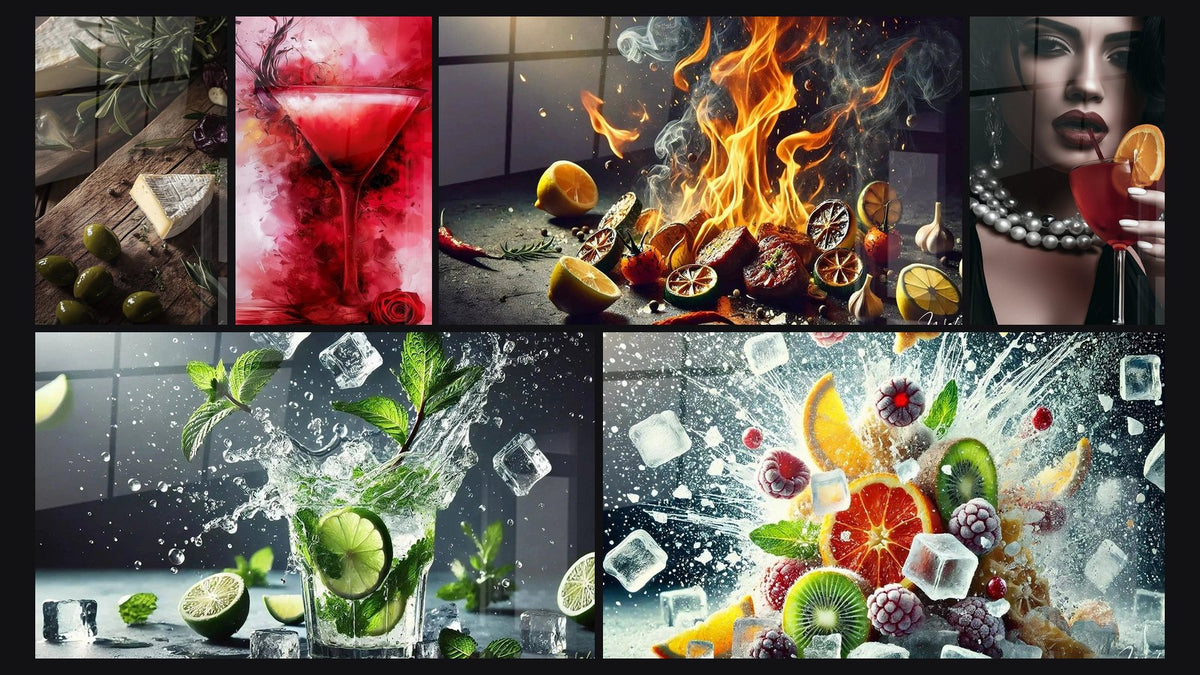 Mosaico di sei quadri, tra cui Formaggio N°2, Vetro Martini Rosso e Rosa Scarlatto e Freschezza Dinamica