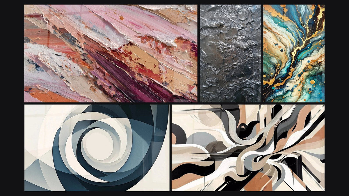 Mosaik aus fünf Gemälden, darunter Abstraktes Bild mit Rosé- und Erdtönen, Labyrinth Mineralien und Grafische Vibrationen