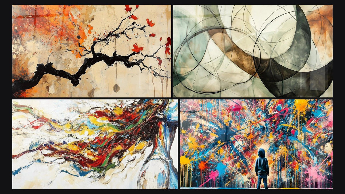 Mosaico di quattro quadri, tra cui Muse Moderna, I Legami Invisibili e Schizzi di Pittura