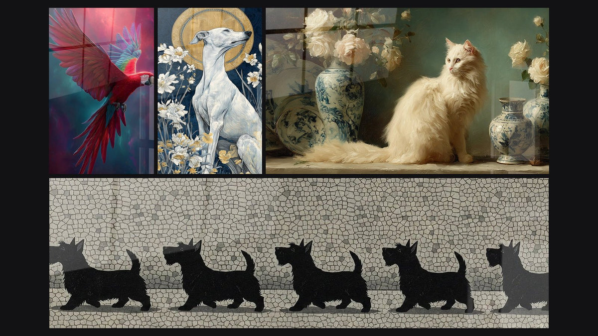 Mosaic of four paintings, including Red Parrot with Outstretched Wings and Dog Silhouettes Mosaic Wall Art in Black
