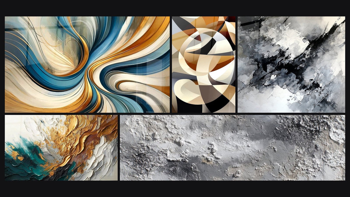 Mosaik aus fünf Gemälden, darunter Elegante Spiralen, Trace in Gold und Jade und Zirkuläre Formen verschlungen