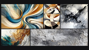 Mosaic of five paintings, including Elegant Spirals, Trace Artwork in Gold and Jade and Interlaced Circular Shapes