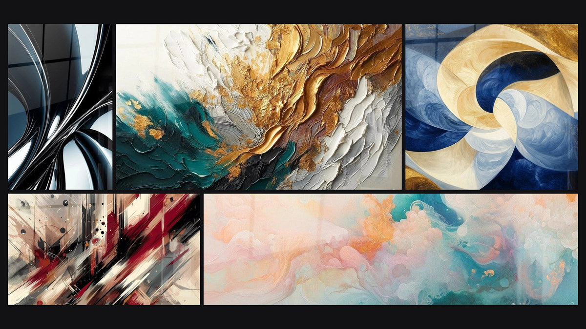Mosaïque de cinq tableaux, dont Spirale métallique chromée, Trace en Or et Jade et Turbulence Artistique