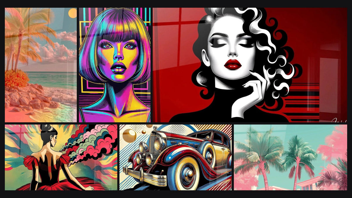 Mosaico de seis cuadros, entre ellos Palmera Efecto Retro, Resplandor Pop y Glam Retro