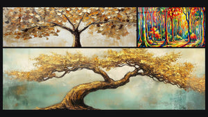 Mosaico de tres cuadros, entre ellos El Canto de los Árboles