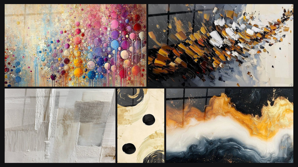 Mosaic of five paintings, including Mosaic Spheres, Black Sphere Balance and Dynamic explosion