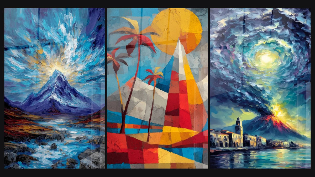 Mosaico di tre quadri, tra cui Paesaggio tropicale astratto e Vulcano in Eruzione con Vortice Celeste