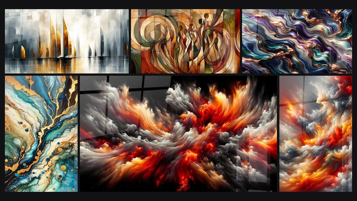 Mosaïque de six tableaux, dont Naviguer dans le Mirage, Labyrinthe Minéral et Danse des Silhouettes