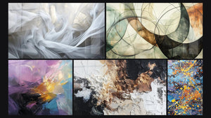 Mosaic of five paintings, including Veils of Light, Abstract colorful explosion and The Invisible Bonds