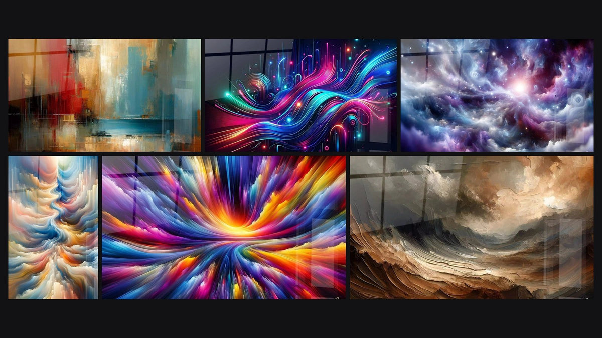 Mosaico di sei quadri, tra cui Frammentazioni Urbane, Risonanza delle Tonalità Celesti e Pulsazioni Neon dell'Invisibile