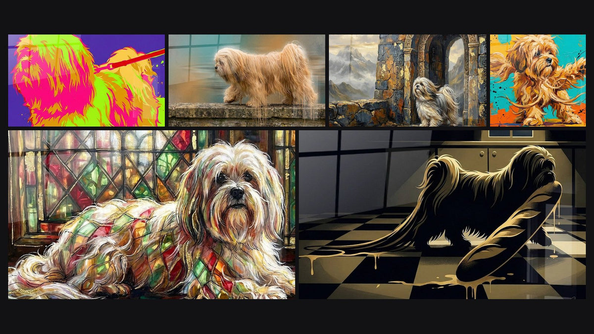 Mosaïque de six tableaux, dont Chien aux Couleurs Néon et Pinceau Rouge