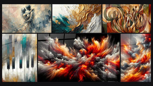 Mosaïque de six tableaux, dont Entre Nous, Trace en Or et Jade et Danse des Silhouettes