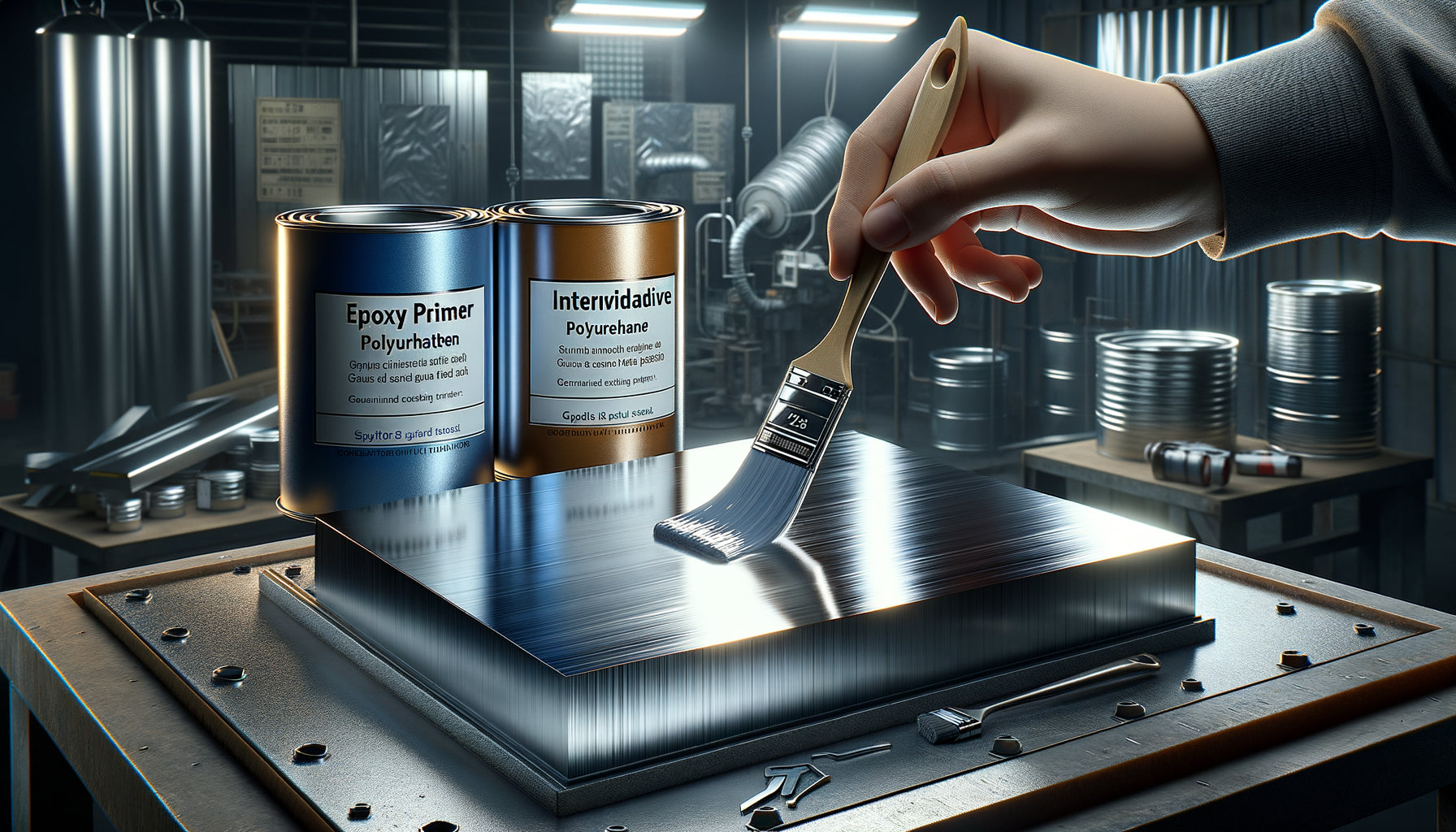 Application de liants époxy et polyuréthane sur support métallique industriel pour tableau fashion contemporain