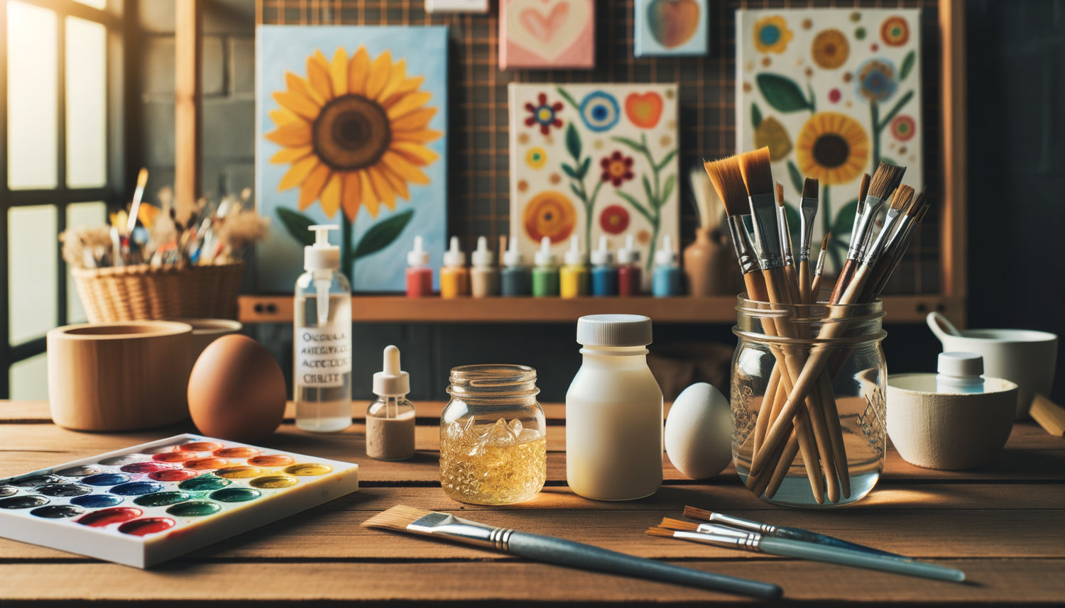 Liants naturels sans solvants pour atelier créatif maternelle : gomme arabique, médium acrylique aqueux, tempera à l'œuf