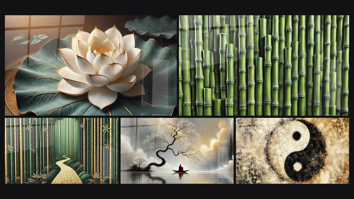 Mosaïque de cinq tableaux, dont Pureté Sacrée, Lignes de Nature et Forteresse Organique