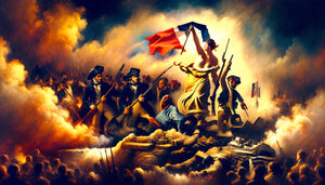 Scène romantique inspirée de Delacroix, barricade révolutionnaire 1830, drapeau tricolore, style peinture à l'huile dramatique