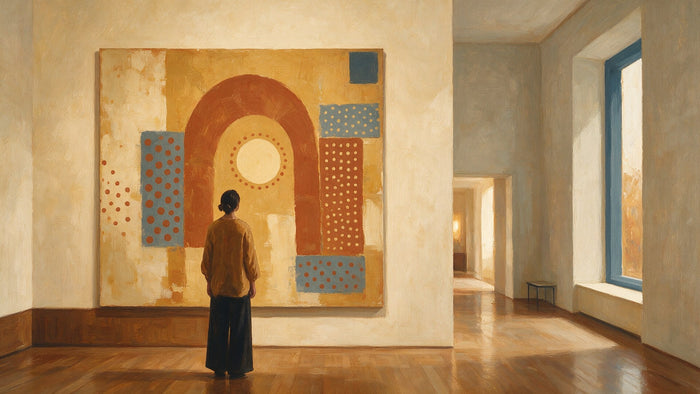 Un visiteur de dos devant une grande peinture murale à motifs de points et de coups de pinceau dans une salle de musée