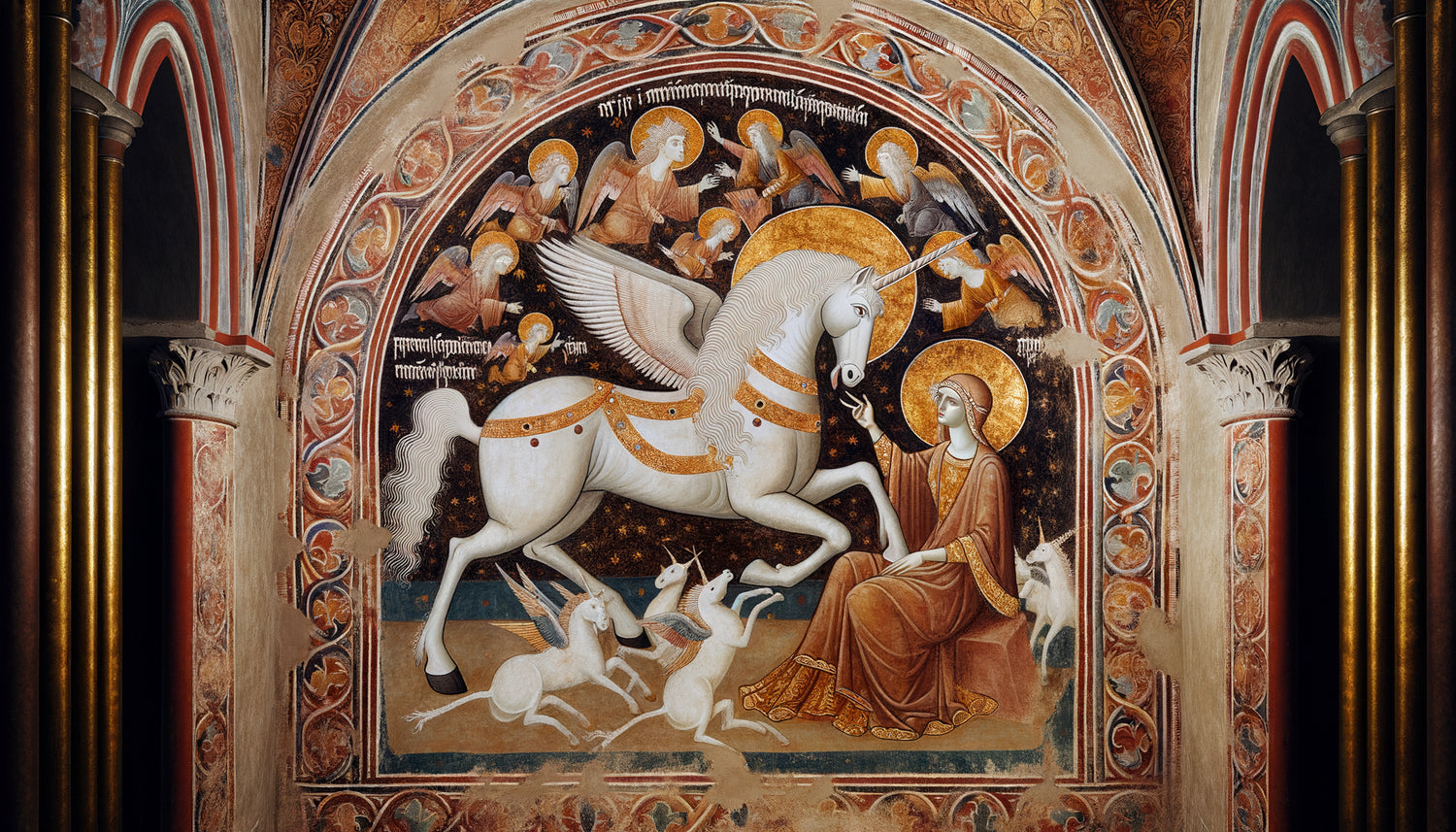 Fresque murale médiévale représentant une licorne blanche avec vierge, style gothique 13ème siècle, symbolisme chrétien et bestiaire