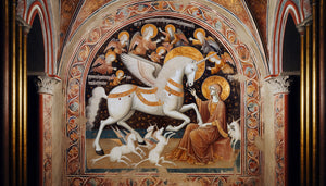 Fresque murale médiévale représentant une licorne blanche avec vierge, style gothique 13ème siècle, symbolisme chrétien et bestiaire