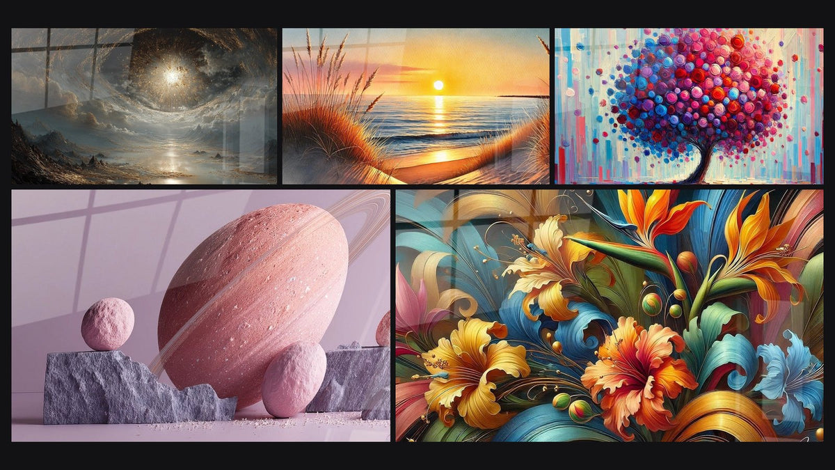 Mosaic of five paintings, including Spiral Galaxy Cosmic, When the Day Falls Asleep and Pink Planet with Rings