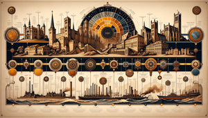 Visualisation pédagogique d'une ligne du temps historique illustrée avec époques successives et repères chronologiques détaillés