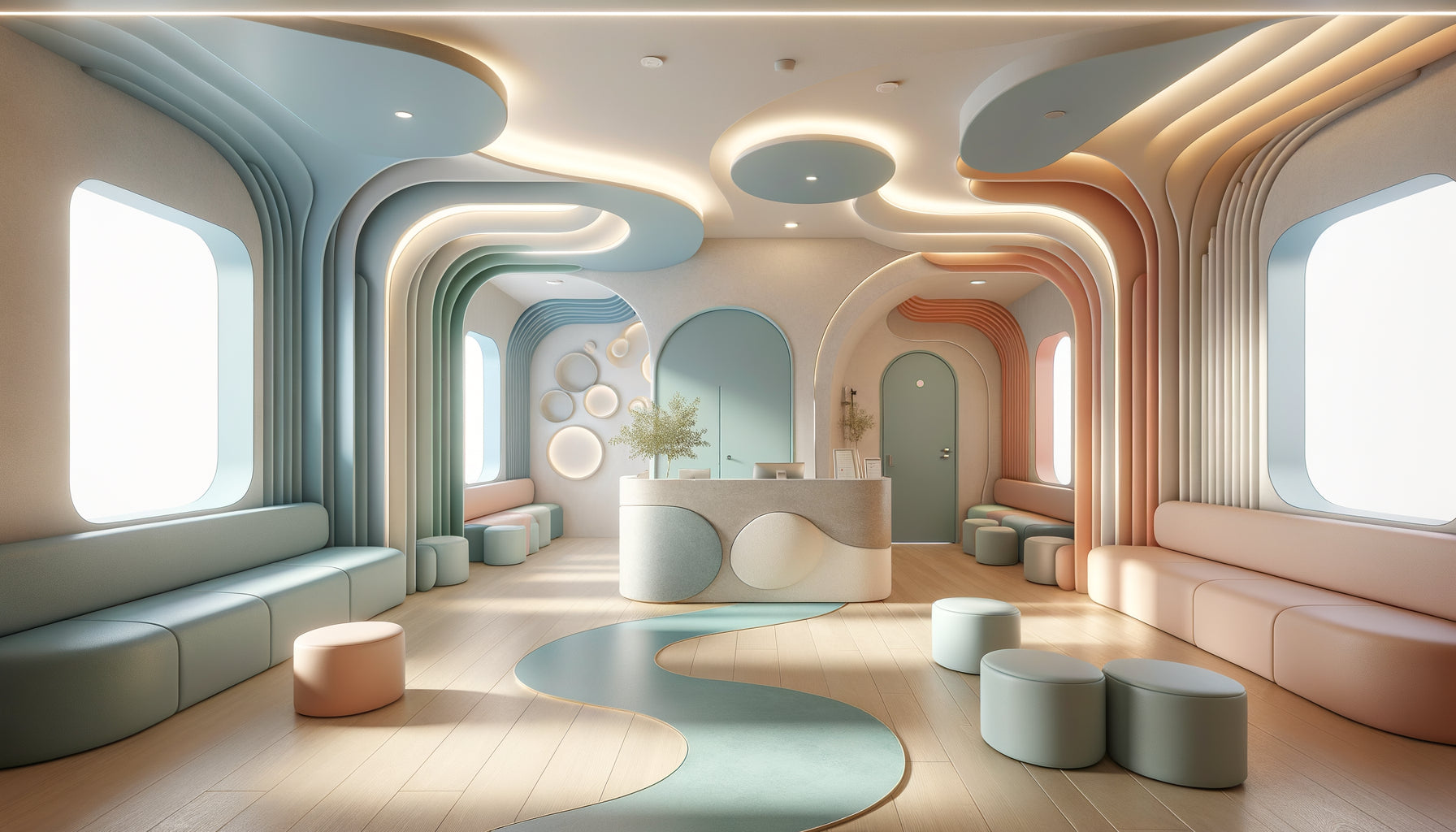 Salle d'examen pédiatrique moderne avec mobilier aux lignes courbes, couleurs pastel apaisantes et design sans angles droits