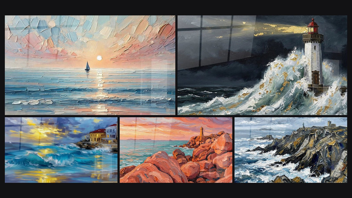 Mosaico di cinque quadri, tra cui Viaggio al Tramonto, Tramonto sulla costa mediterranea e Costa Bretone al Faro