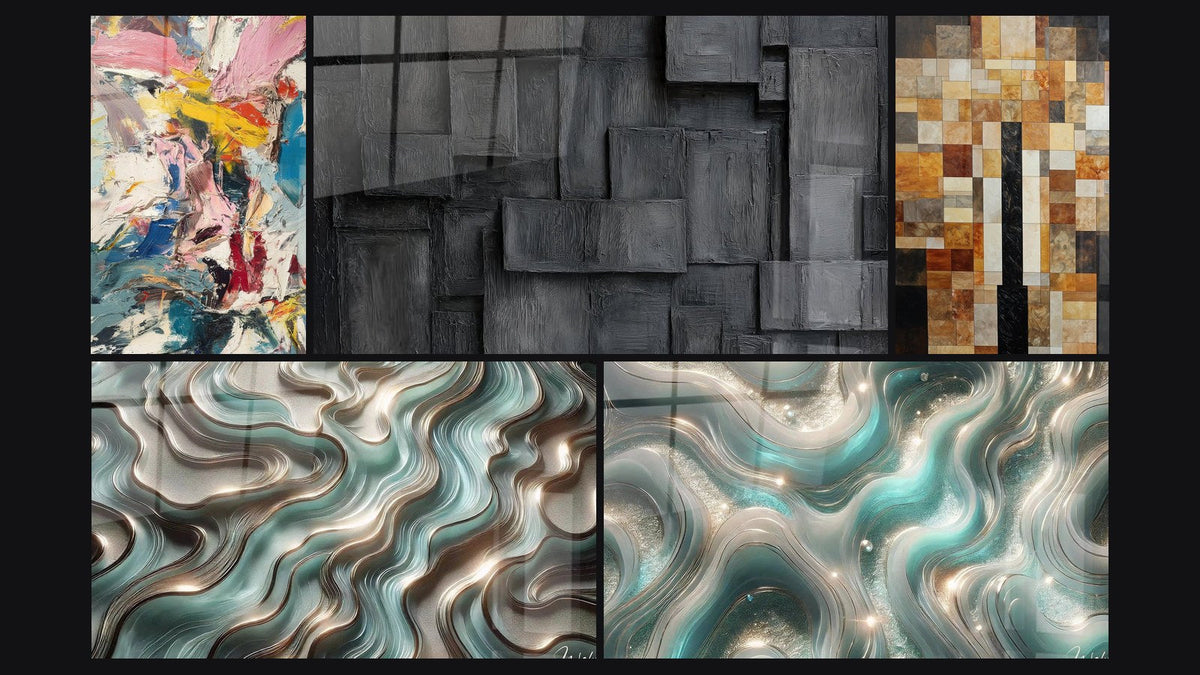 Mosaic of five paintings, including Color Explosion, Ethereal Curves and Shimmering Waves