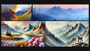Mosaico de cuatro cuadros, entre ellos Primavera Eterna, Solo en la Cima y Centinelas Azules