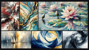 Mosaïque de six tableaux, dont Bruit Dynamique Explosive, Aurore sur la Baie et Mouvement Perpétuel