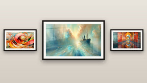 Mur de galerie avec trois tableaux encadrés, dont Spirale dynamique rouge orange et Voûtes Chatoyantes Vermillon