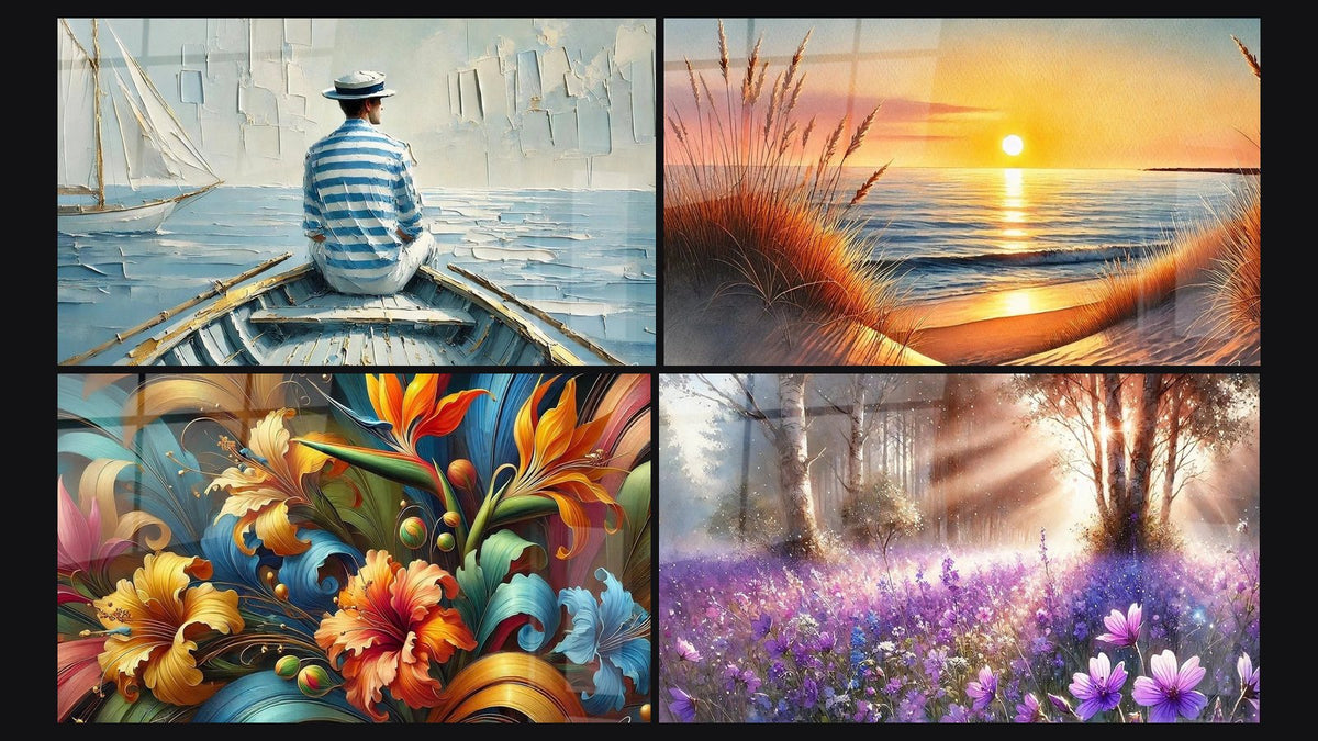 Mosaico di quattro quadri, tra cui L'Arte dell'Acqua, Rapsodia Botanica e Quando il Giorno S'addormenta